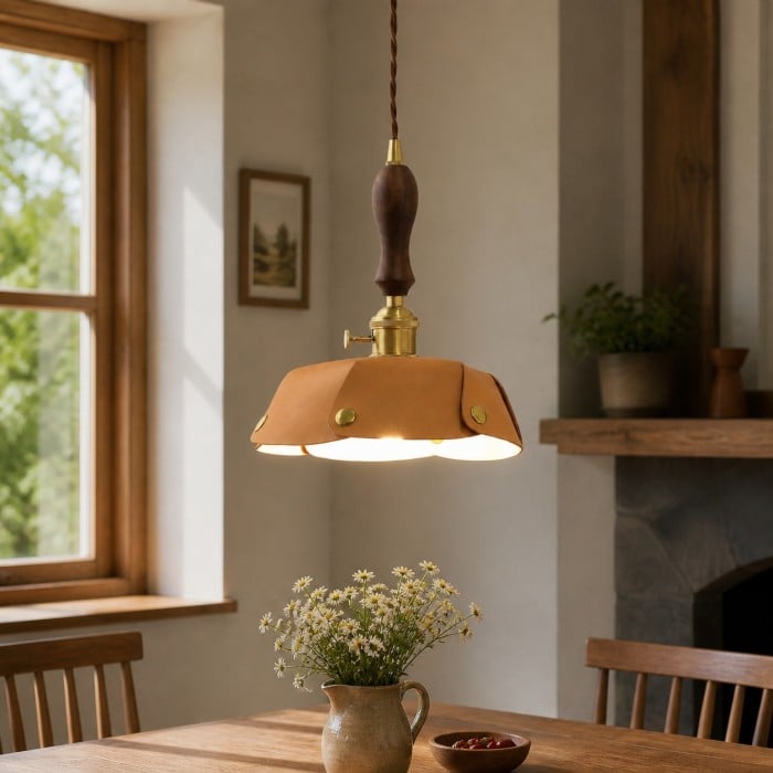 Lampada a sospensione vintage in pelle per interni rustici e accoglienti HL4568