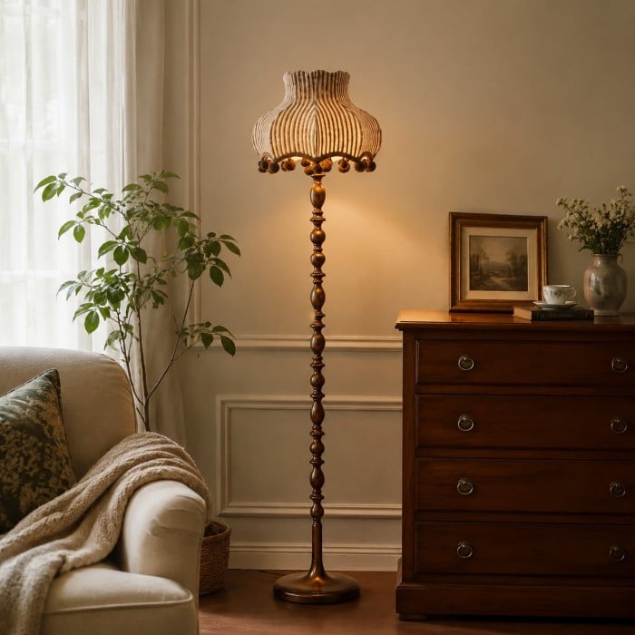 Vintage Pleated Fabric Floor Lamp with Sculpted Wood-Tone Stand HL4468