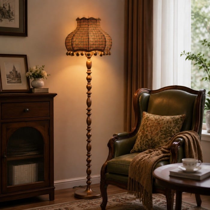 Vintage Pleated Fabric Floor Lamp with Sculpted Wood-Tone Stand HL4468