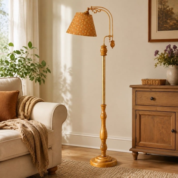 Vintage Wood and Fabric Floor Lamp HL4439