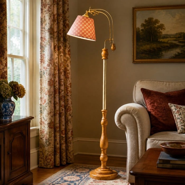 Vintage Wood and Fabric Floor Lamp HL4439