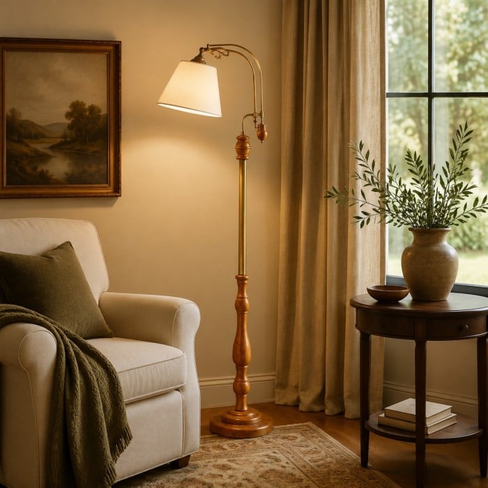 Vintage Wood and Fabric Floor Lamp HL4439