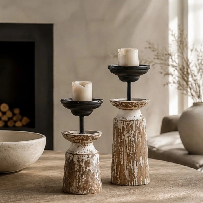 Wabi-Sabi kaarsenhouder van verweerd hout en ijzer HL4599