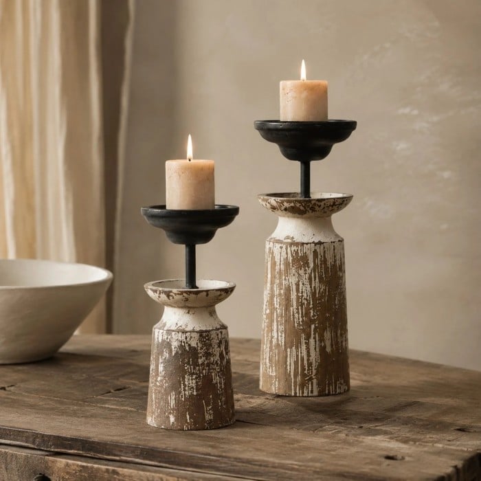 Wabi-Sabi kaarsenhouder van verweerd hout en ijzer HL4599