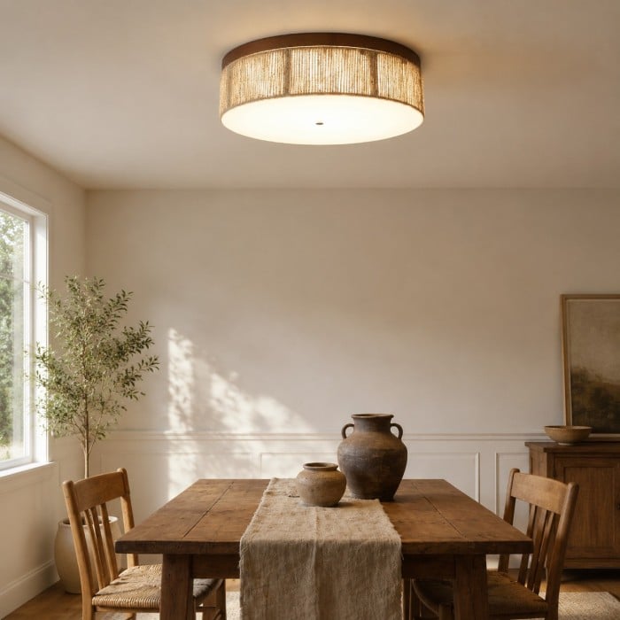 Wabi-Sabi LED-plafondlamp van massief hout en geweven touw HL4582