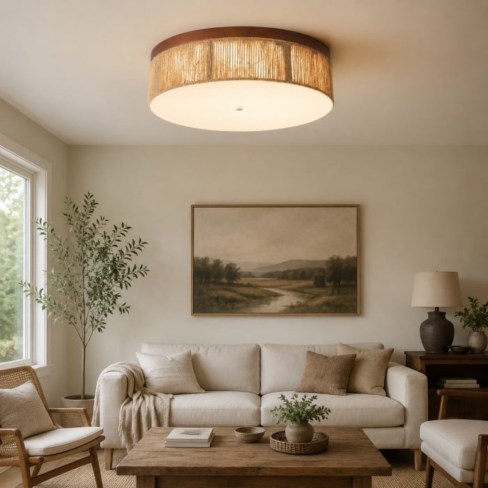 Wabi-Sabi LED-plafondlamp van massief hout en geweven touw HL4582