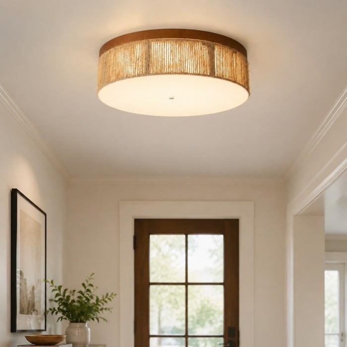 Wabi-Sabi LED-plafondlamp van massief hout en geweven touw HL4582