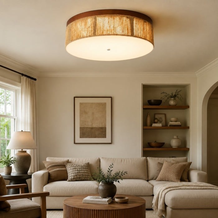 Wabi-Sabi LED-plafondlamp van massief hout en geweven touw HL4582