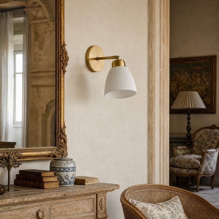 Verstelbare wandlamp HL4259 van wit keramiek en messing