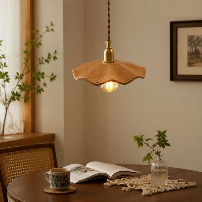 Hanglamp met houten lotusmotief en messing fitting HL4581