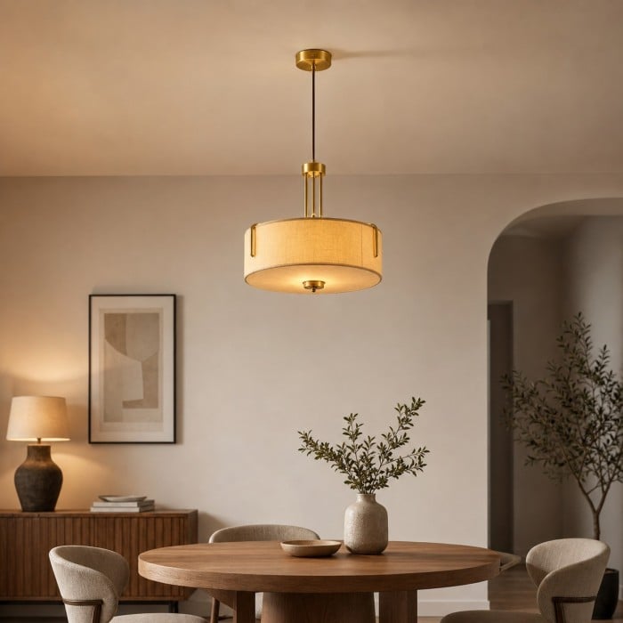 Hanglamp met LED-verlichting in trommelvorm van geweven stof met metalen frame HL4359