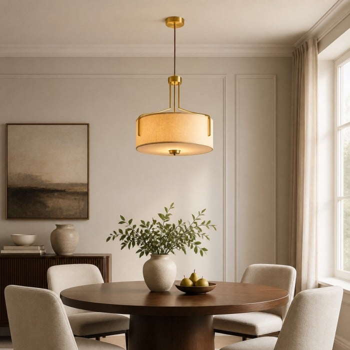 Hanglamp met LED-verlichting in trommelvorm van geweven stof met metalen frame HL4359