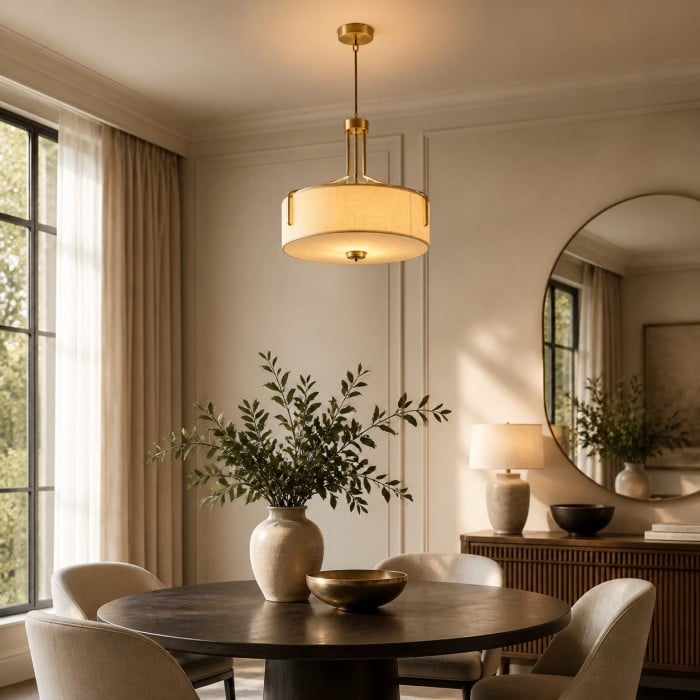Hanglamp met LED-verlichting in trommelvorm van geweven stof met metalen frame HL4359