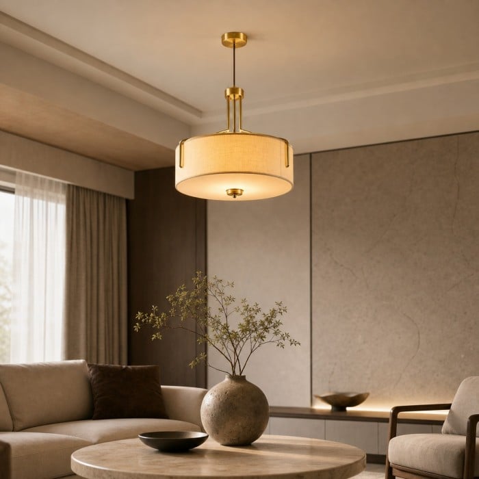 Hanglamp met LED-verlichting in trommelvorm van geweven stof met metalen frame HL4359