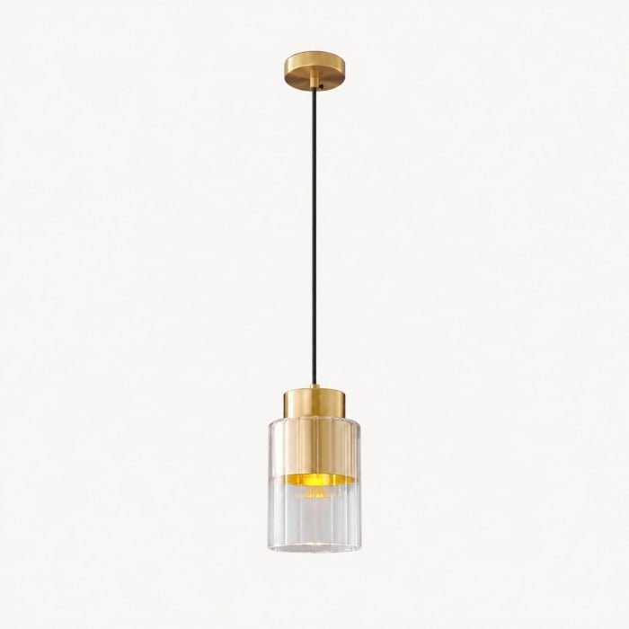 Hanglamp van Amerikaans messing met glazen kap en geribbelde cilindrische kap - Moderne metalen armatuur voor de slaapkamer