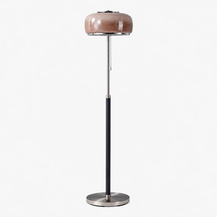 Lampadaire Bauhaus en verre avec structure en bois et chrome HL4633