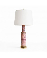 Tafellamp HL4560 met bloemenprint van stof en houtsnijwerk.