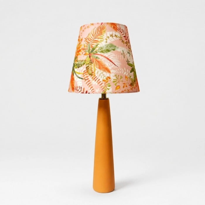 Liberty stoffen tafellamp met bloemenmotief en keramische voet, handgemaakte oranje HL4441