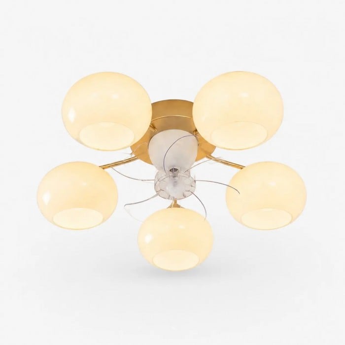 Moderne gouden plafondventilator met lamp en witte glazen kappen HL4240