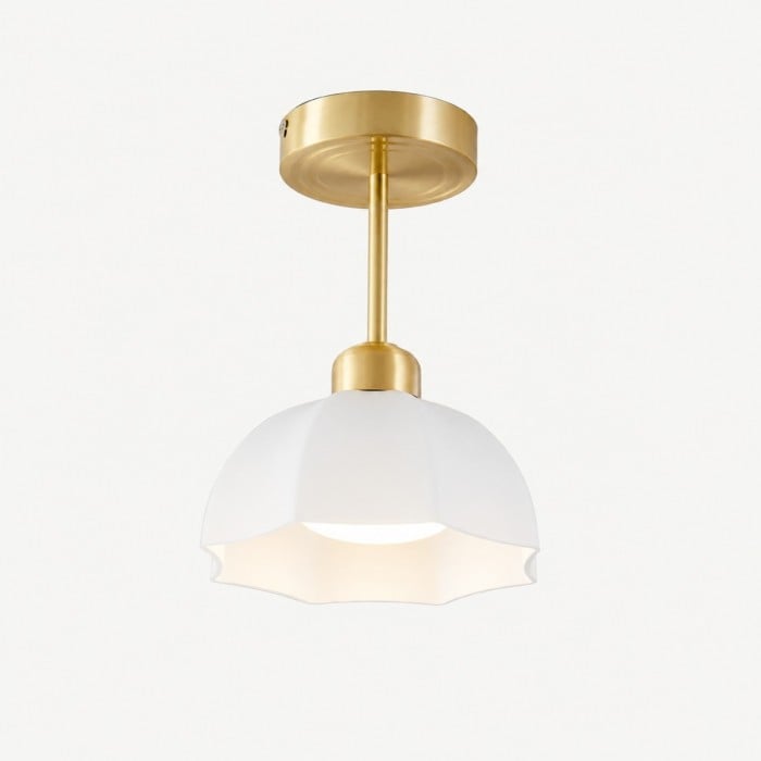 Lámpara de techo moderna de cristal opalino con pantalla blanca floral - Estructura de latón para recibidor y comedor HL4263