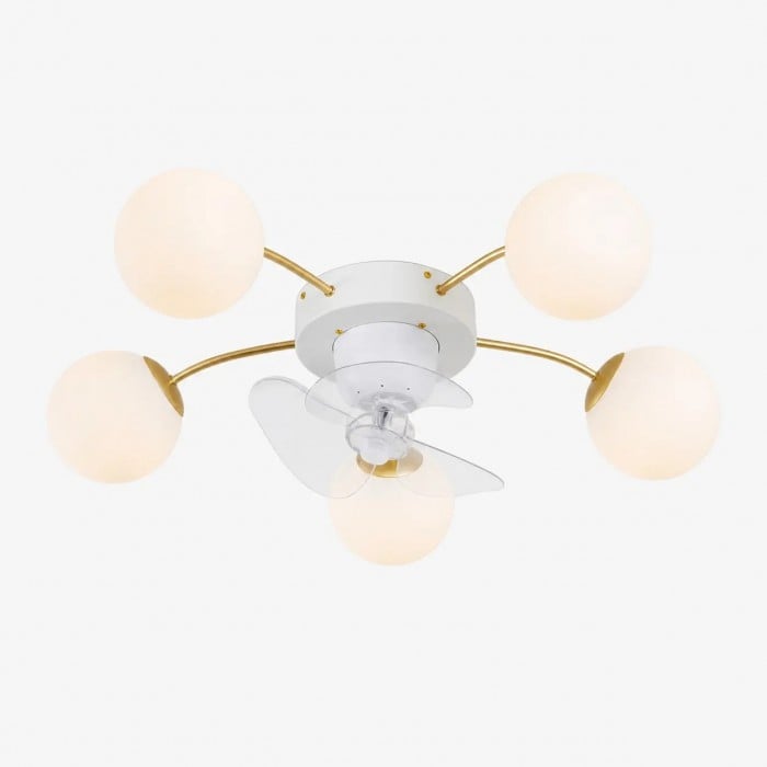 Ventilador de techo moderno blanco y dorado con lámpara y globos de cristal HL4216