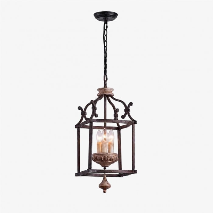 Suspension rustique en forme de cage à oiseaux avec structure en fer et accents en bois HL4640