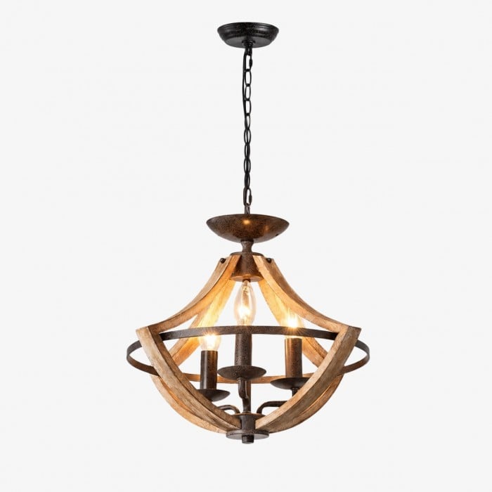 Lustre suspendu HL4605 à 3 lumières, en bois rustique vieilli et finition rouille
