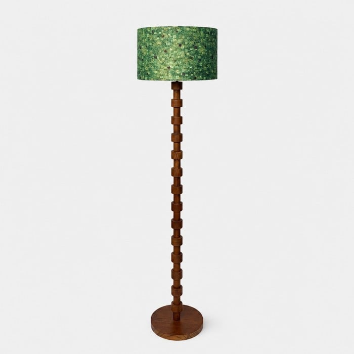 Sculptural Wood Floor Lamp with Patterned Fabric Drum Shade HL4459