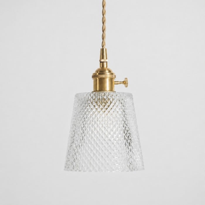 Suspension vintage en laiton avec abat-jour en verre texturé HL4391