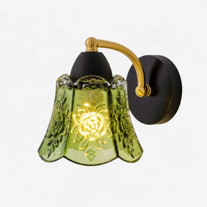 Antyczna zielona szklana lampa ścienna z drewnianym akcentem HL4248