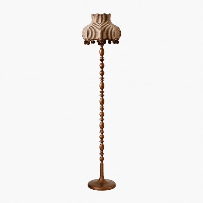 Vintage Pleated Fabric Floor Lamp with Sculpted Wood-Tone Stand HL4468