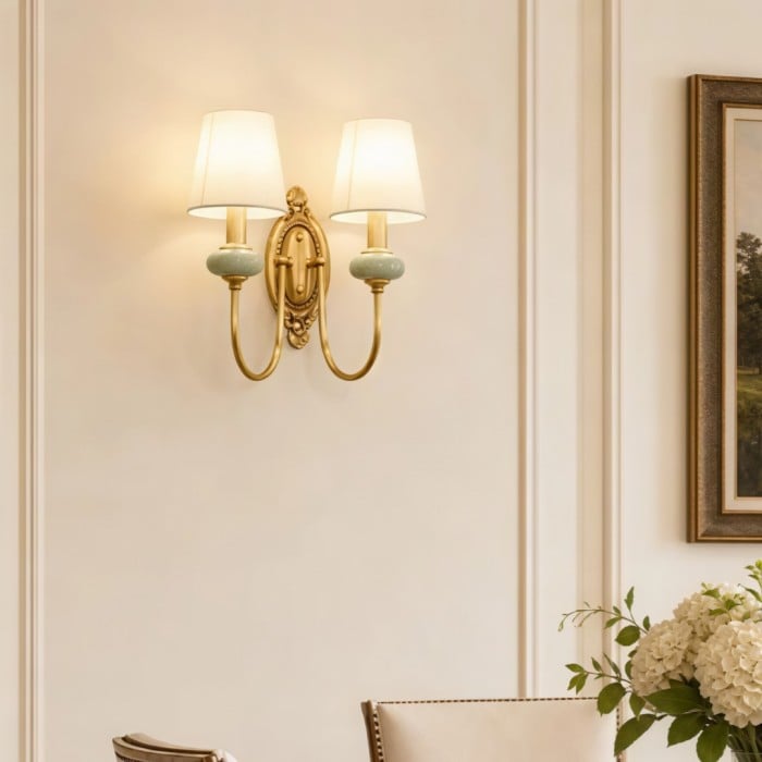 Klasyczny kinkiet z abażurem materiałowym – ceramiczna lampa ścienna do przedpokoju lub sypialni HL1805