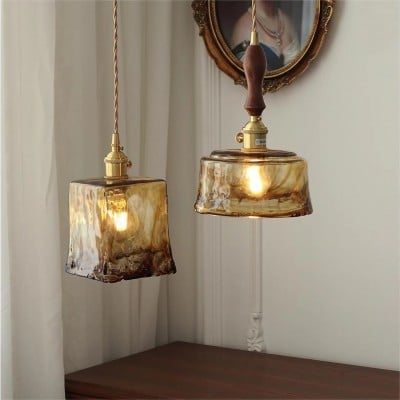 Retro handgemaakte onregelmatige amberkleurige glazen hanglamp HL64