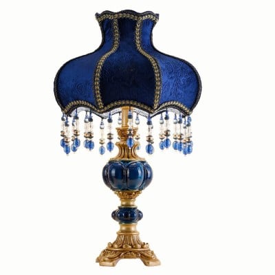 Lámpara de mesa de tela azul oscuro con diseño de decoración de palacio HL875 Lámpara de mesa de tela azul oscuro con diseño de decoración de palacio HL875