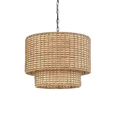 Natuurlijke rotan dubbele trommel hanglamp met zwarte kap HL1001