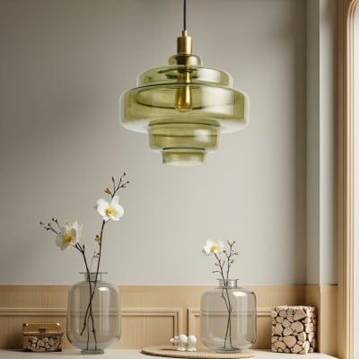 Vintage Green Glass Pendant Light - Tiered Art Deco Bar Light HL1064