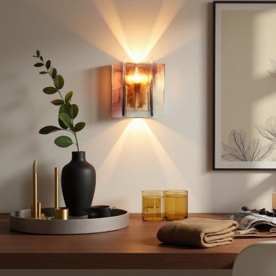 Amber Glass Block Wall Lamp - Industrial Metal Bedside Lamp HL1322