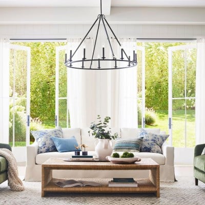Rowan Modern Wagon Wheel Round Chandelier - Industrial Farmhouse Iron Lighting Fixture HL1527 Rowan Modern Wagon Wheel Round Chandelier - Industrial Farmhouse Iron Lighting Fixture HL1527