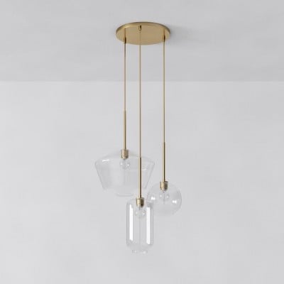 Lustre triple en verre et métal Merin, sculpture mixte HL1522