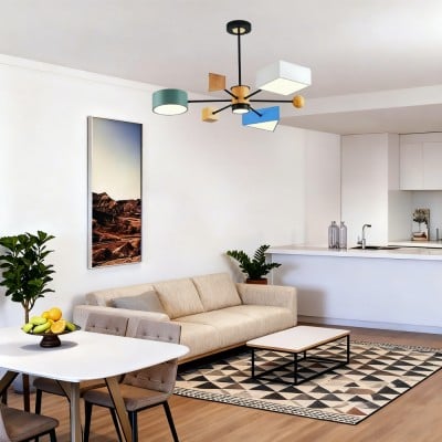 Lampadario in legno con blocchi colorati - Ramo 4 luci per cameretta HL1354