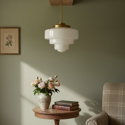 Geotower Glass Brass Pendant Light – Art Deco Opal Globe Ceiling Fixture HL1703