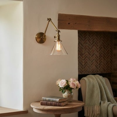 Conique Metal Industrial Wall Sconce with Adjustable Arm - Vintage Glass Cone Shade HL1673