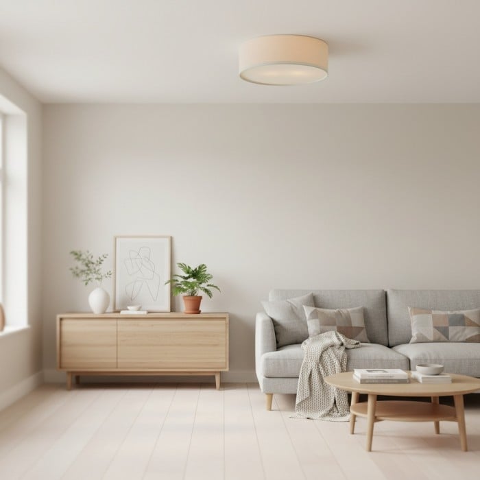 Lampa sufitowa Dumora Linen Drum – oprawa żelazna z kloszem materiałowym, montowana natynkowo HL1571 Lampa sufitowa Dumora Linen Drum – oprawa żelazna z kloszem materiałowym, montowana natynkowo HL1571