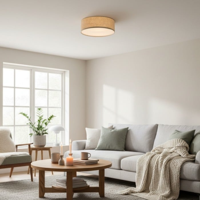 Lampa sufitowa Dumora Linen Drum – oprawa żelazna z kloszem materiałowym, montowana natynkowo HL1571 Lampa sufitowa Dumora Linen Drum – oprawa żelazna z kloszem materiałowym, montowana natynkowo HL1571