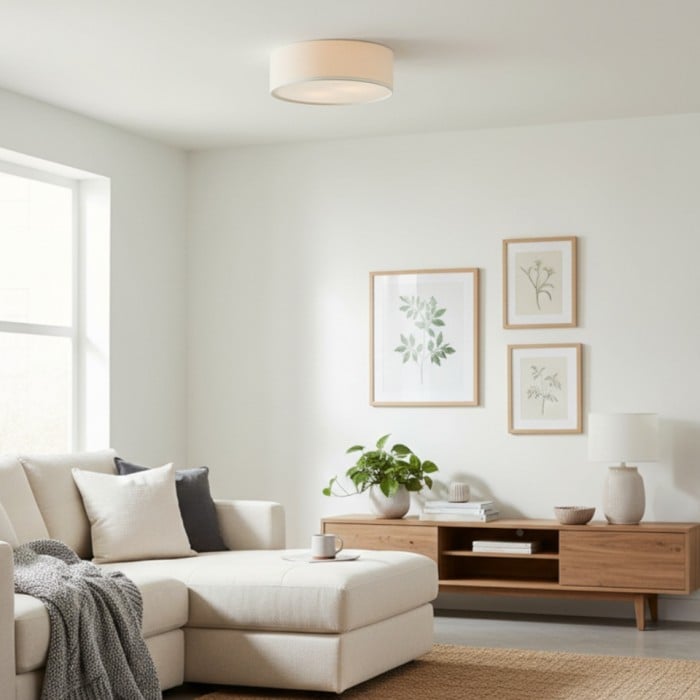 Lampa sufitowa Dumora Linen Drum – oprawa żelazna z kloszem materiałowym, montowana natynkowo HL1571 Lampa sufitowa Dumora Linen Drum – oprawa żelazna z kloszem materiałowym, montowana natynkowo HL1571