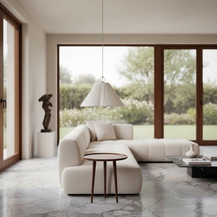 Lindi - Kleine antieke messing en linnen geschulpte hanglamp HL1800 Lindi - Kleine antieke messing en linnen geschulpte hanglamp HL1800