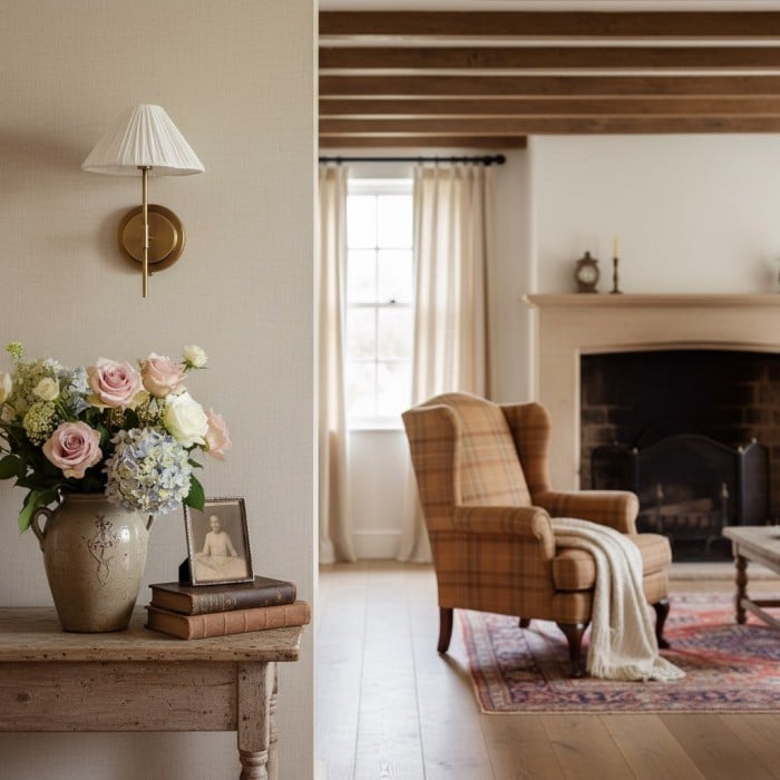 Lindi - Wandleuchte aus gealtertem Messing und Leinen mit Wellenkante HL1804