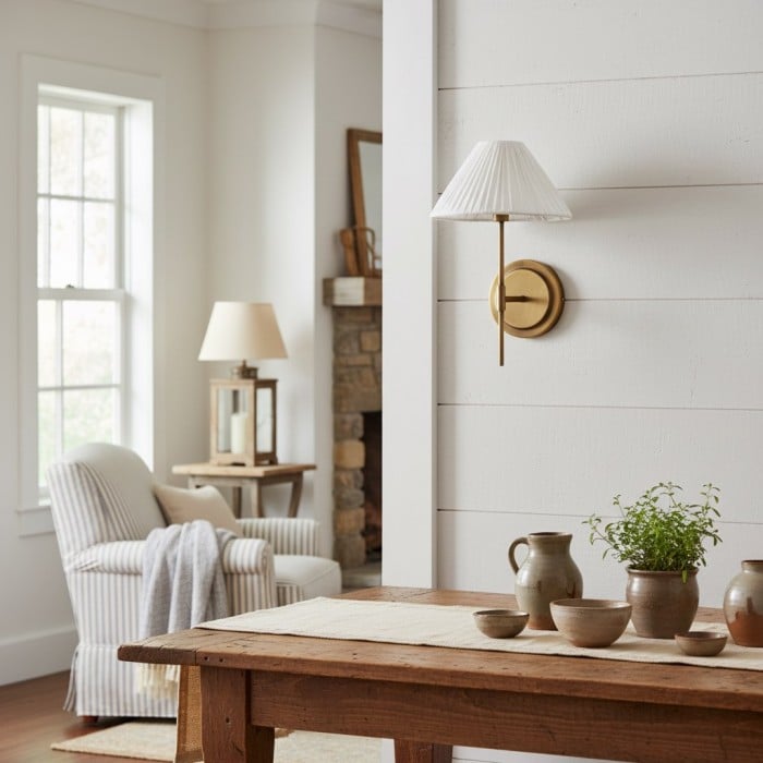 Lindi - wandlamp met geschulpte rand van verouderd messing en linnen HL1804 Lindi - wandlamp met geschulpte rand van verouderd messing en linnen HL1804