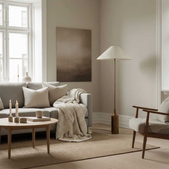 Lindi - Stehlampe aus gealtertem Messing und Leinen mit Wellenkante HL1801