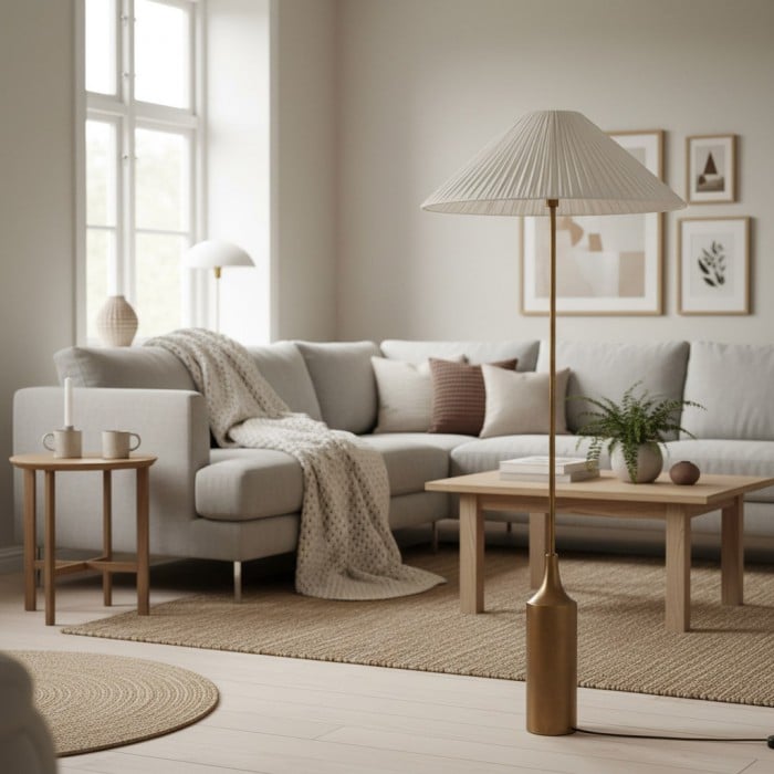 Lindi - Stehlampe aus gealtertem Messing und Leinen mit Wellenkante HL1801